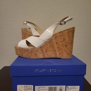 Stuart Weitzman White Patent Cork Platform Wedge Sandals
